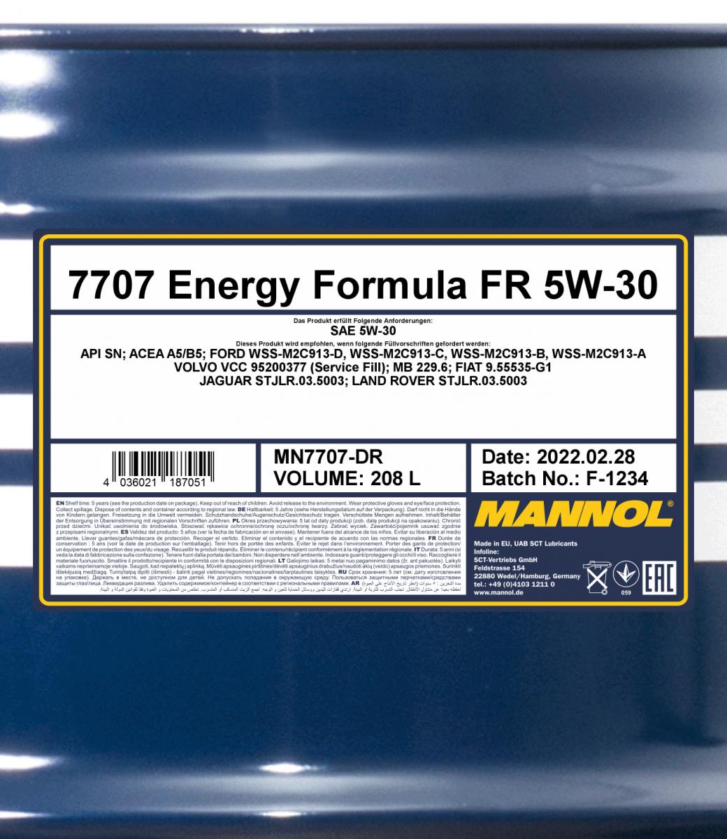 7707 MANNOL ENERGY FORMULA FR 5W30 208 л. Синтетическое моторное масло 5W-30 7707 MANNOL ENERGY FORMULA FR 5W30 208 л. Синтетическое моторное масло 5W-30