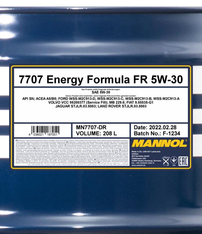 7707 MANNOL ENERGY FORMULA FR 5W30 208 л. Синтетическое моторное масло 5W-30
