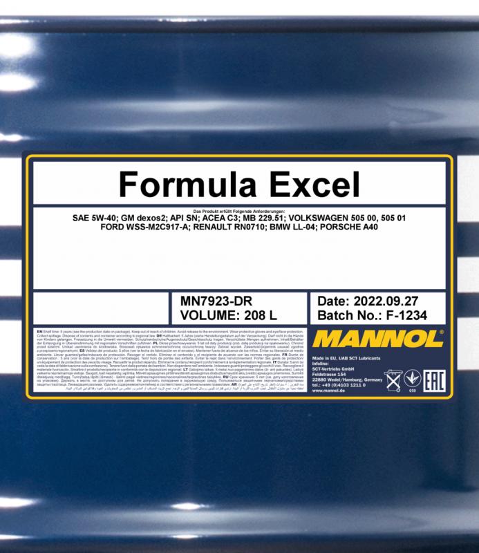 7923 MANNOL FORMULA EXCEL 5W40 208 л. Синтетическое моторное масло 5W-40