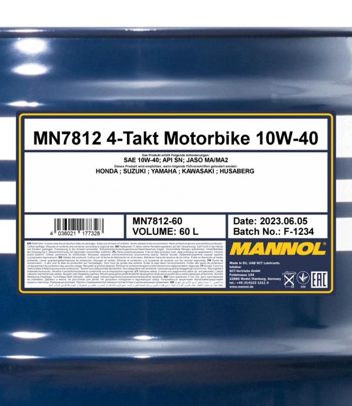 7812 MANNOL 4-TAKT MOTORBIKE 10W40 60 л. Синтетическое моторное масло для мотоциклов 10W-40