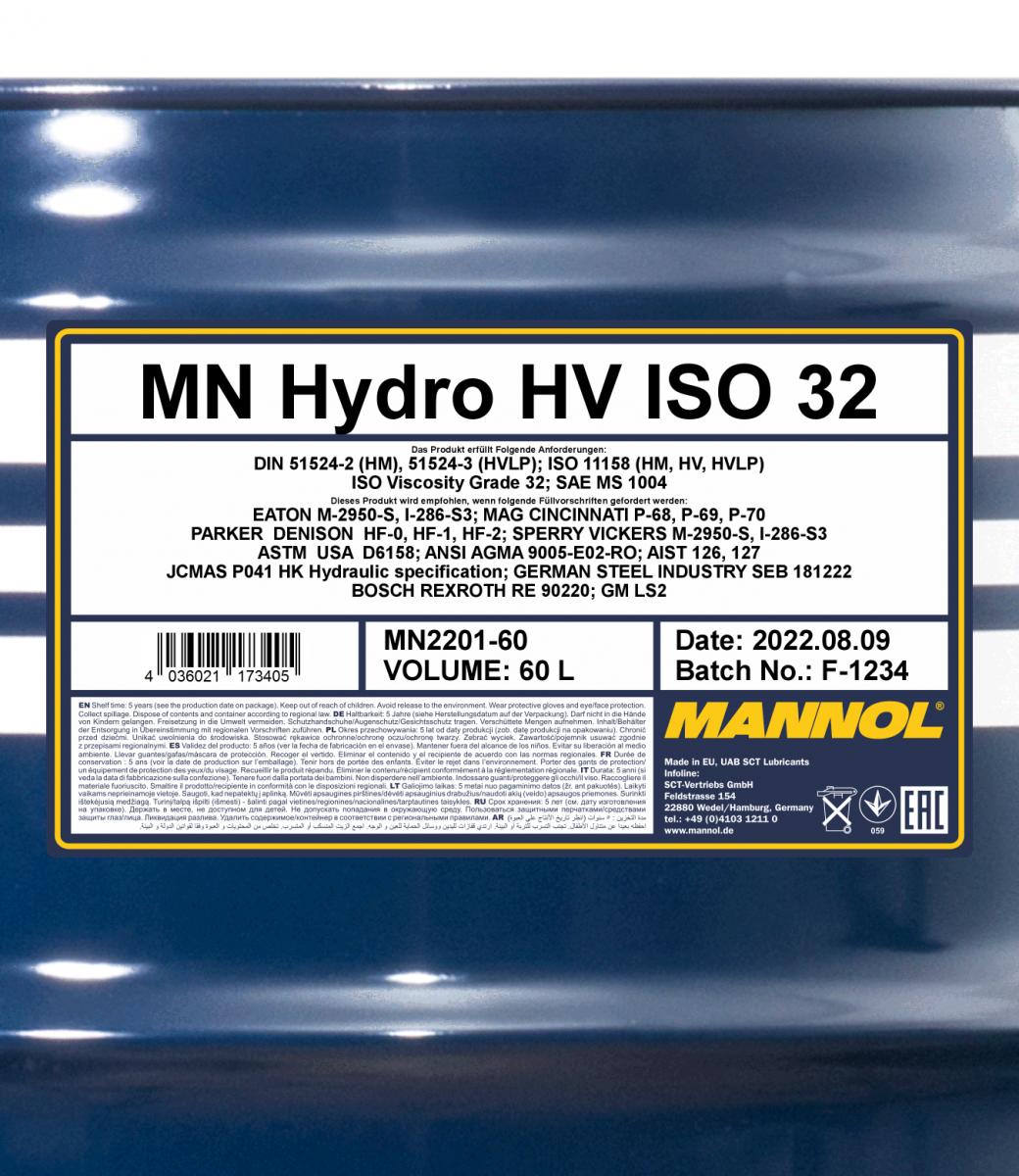 2201 MANNOL HYDRO HV ISO 32 60 л. Гидравлическое масло с высоким индексом вязкости 2201 MANNOL HYDRO HV ISO 32 60 л. Гидравлическое масло с высоким индексом вязкости