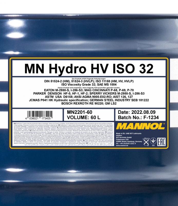 2201 MANNOL HYDRO HV ISO 32 60 л. Гидравлическое масло с высоким индексом вязкости