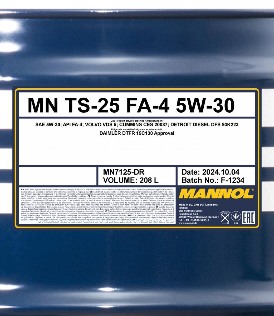 7125 MANNOL TS-25 FA-4 5W30 208 л. Синтетическое моторное масло 5W-30 7125 MANNOL TS-25 FA-4 5W30 208 л. Синтетическое моторное масло 5W-30