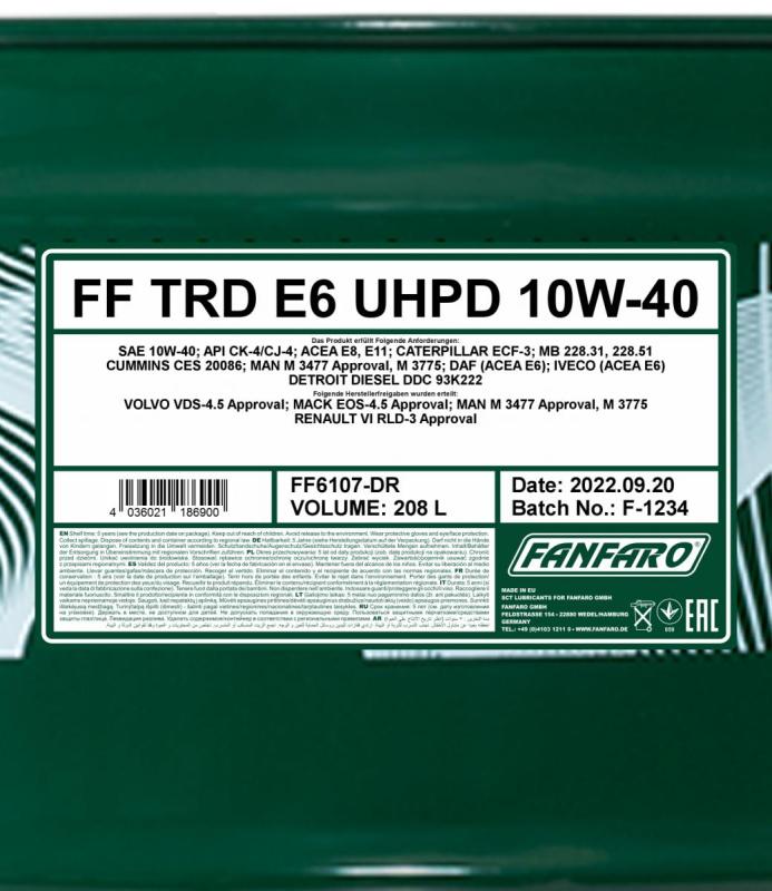 6107 FANFARO TRD E6 UHPD 10W40 208 л. Синтетическое моторное масло 10W-40