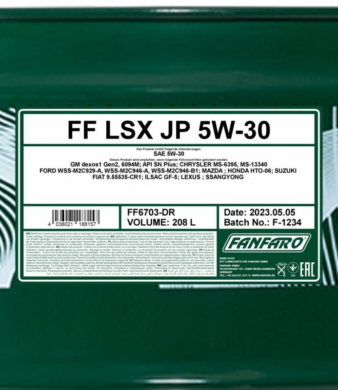 6703 FANFARO LSX JP 5W30 208 л. Синтетическое моторное масло 5W-30