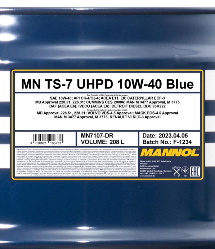 7107 MANNOL TS-7 BLUE UHPD 10W40 208 л. Синтетическое моторное масло 10W-40 