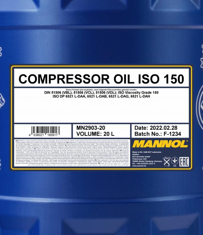 2903 MANNOL COMPRESSOR OIL ISO 150 20 л. Минеральное масло для воздушных компрессоров  