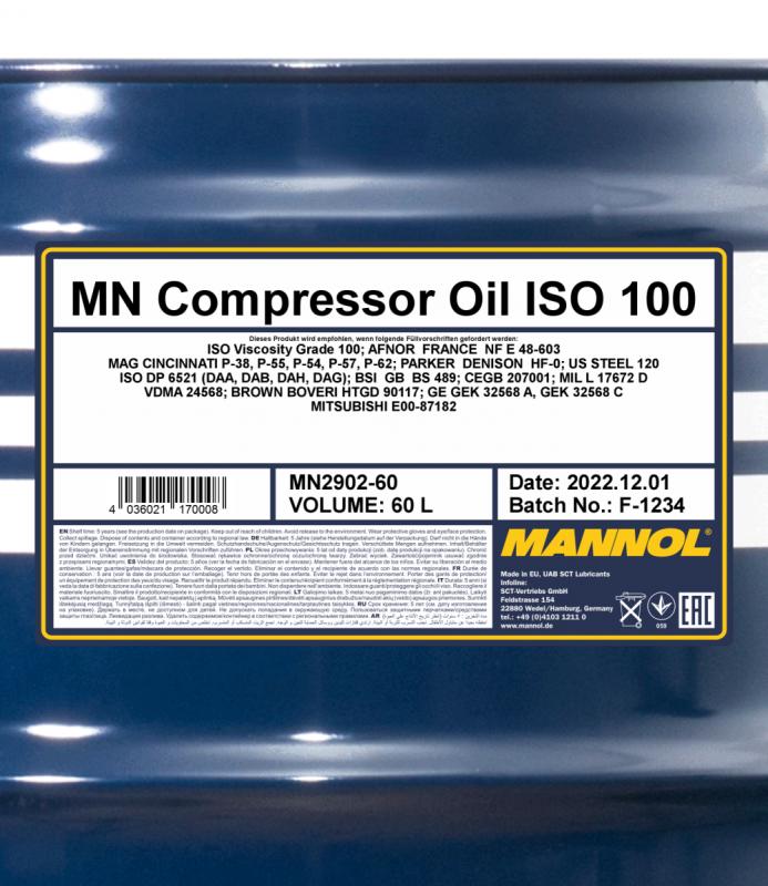 2902 MANNOL COMPRESSOR OIL ISO 100 60 л. Масло для воздушных компрессоров