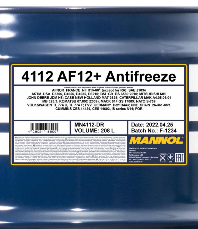 4112 MANNOL ANTIFREEZE AF12+ LONGLIFE 208 л. Концентрат антифриз красный