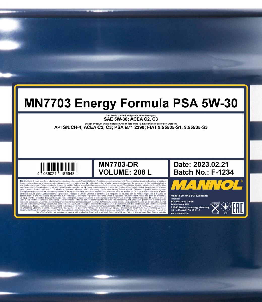 7703 MANNOL ENERGY FORMULA PSA 5W30 208 л. Синтетическое моторное масло 5W-30 7703 MANNOL ENERGY FORMULA PSA 5W30 208 л. Синтетическое моторное масло 5W-30
