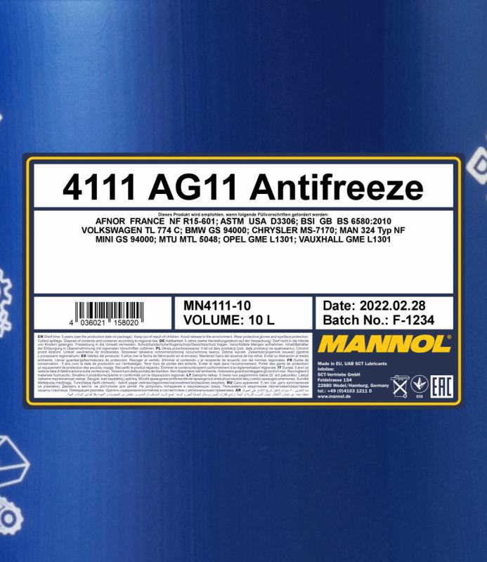 4111 MANNOL ANTIFREEZE LONGTERM AG11 10 л. Концентрат антифриз синий