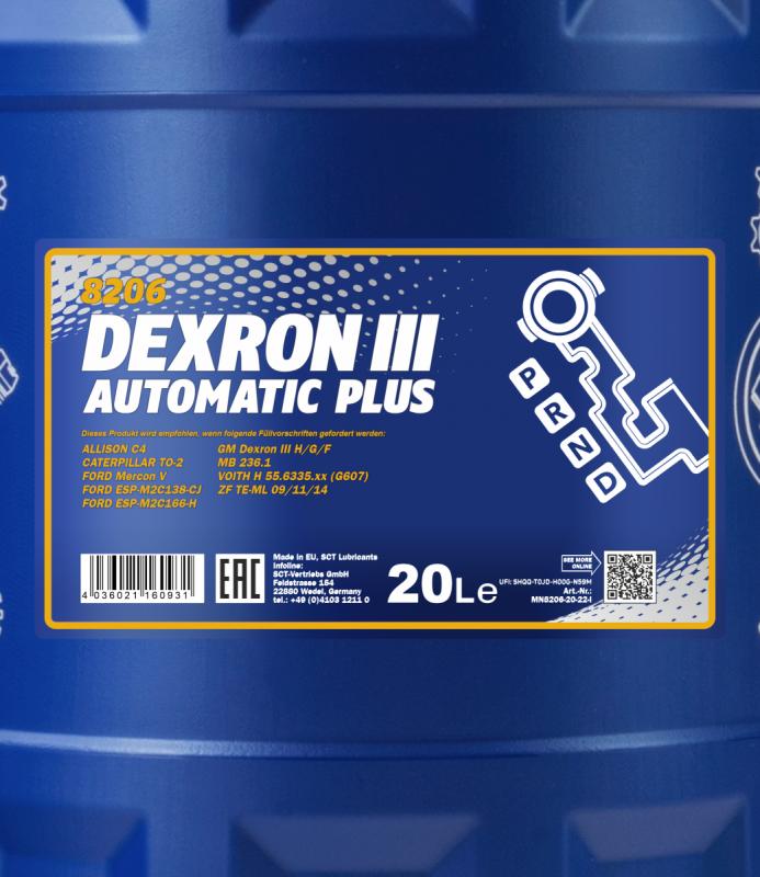 8206 MANNOL DEXRON III AUTOMATIC PLUS 20 л. Синтетическое трансмиссионное масло