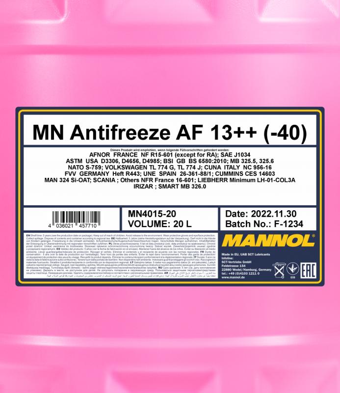 4015 MANNOL ANTIFREEZE AF13++ 20 л. Готовый раствор охлаждающей жидкости антифриз красный 