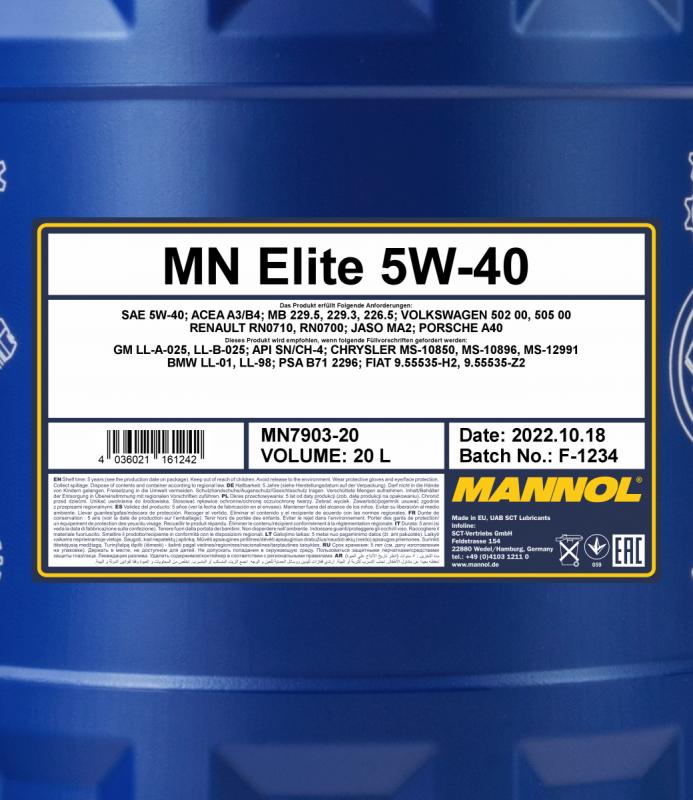 7903 MANNOL ELITE 5W40 20 л. Синтетическое моторное масло 5W-40