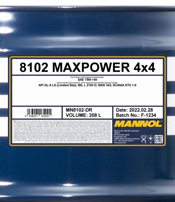 8102 MANNOL MAXPOWER 4x4 75W140 208 л. Синтетическое трансмиссионное масло 75W-140 8102 MANNOL MAXPOWER 4x4 75W140 208 л. Синтетическое трансмиссионное масло 75W-140