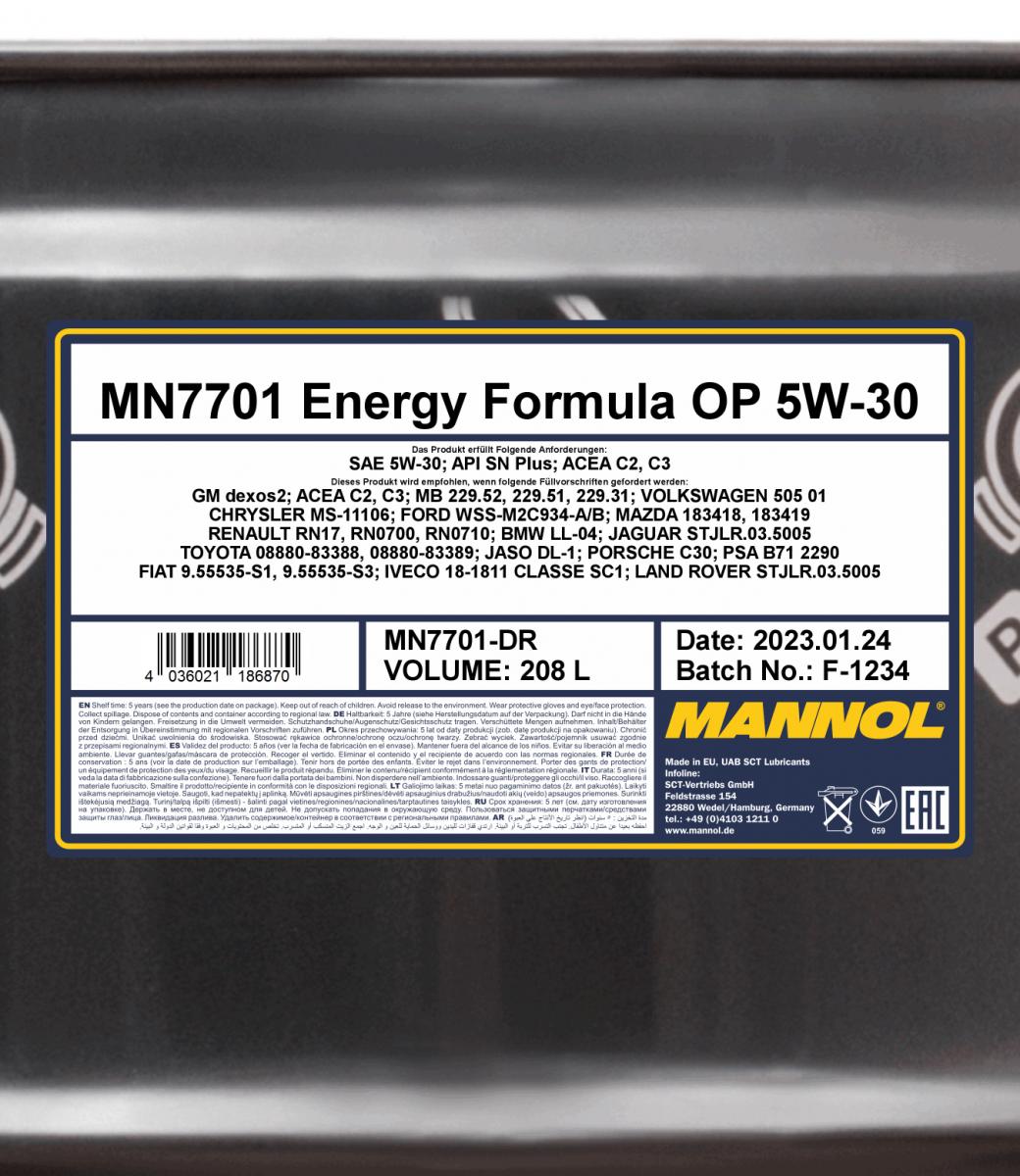 7701 MANNOL ENERGY FORMULA OP 5W30 208 л. Синтетическое моторное масло 5W-30 7701 MANNOL ENERGY FORMULA OP 5W30 208 л. Синтетическое моторное масло 5W-30