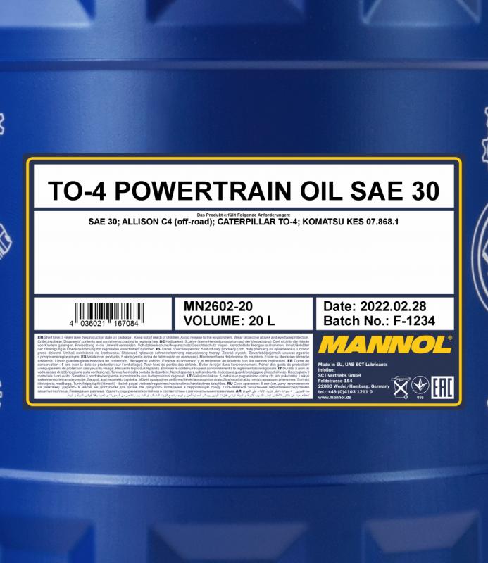 2602 MANNOL TO-4 POWERTRAIN OIL 30W 20 л. Трансмисионное гидравлическое масло 30W 