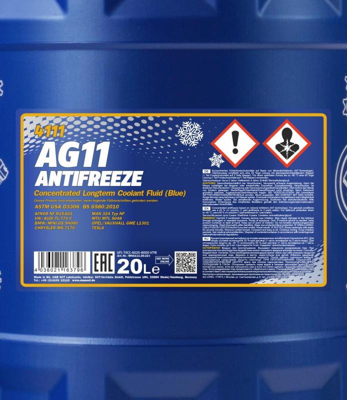 4111 MANNOL ANTIFREEZE LONGTERM AG11 20 л. Концентрат антифриз синий