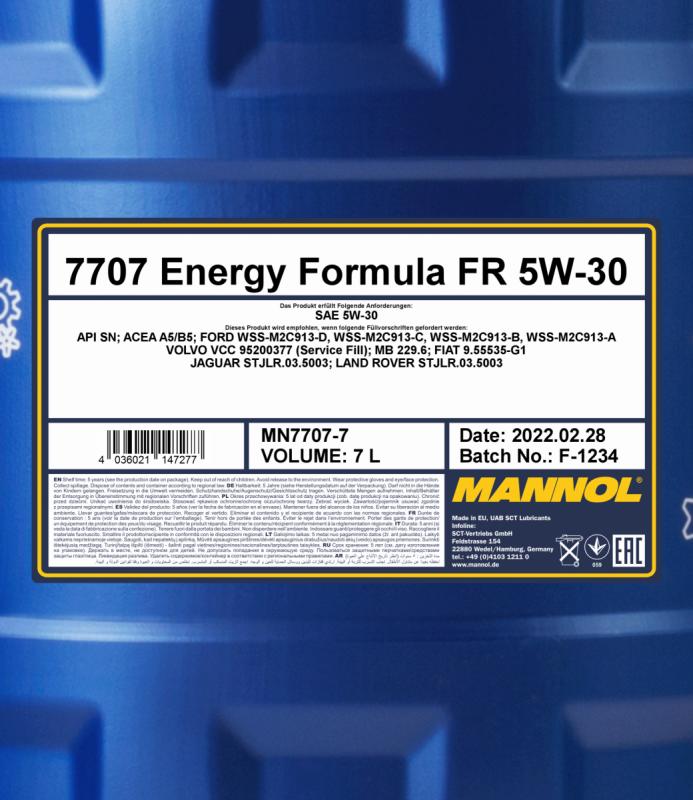 7707 MANNOL ENERGY FORMULA FR 5W30 7 л. Синтетическое моторное масло 5W-30