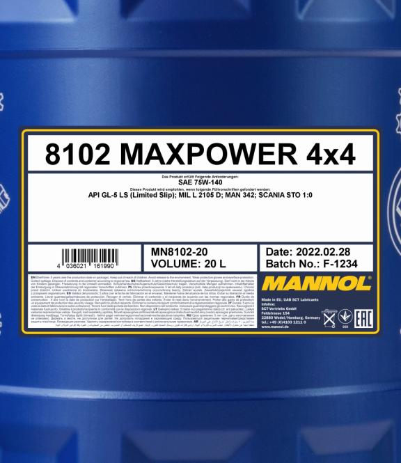 8102 MANNOL MAXPOWER 4x4 75W140 20 л. Синтетическое трансмиссионное масло 75W-140