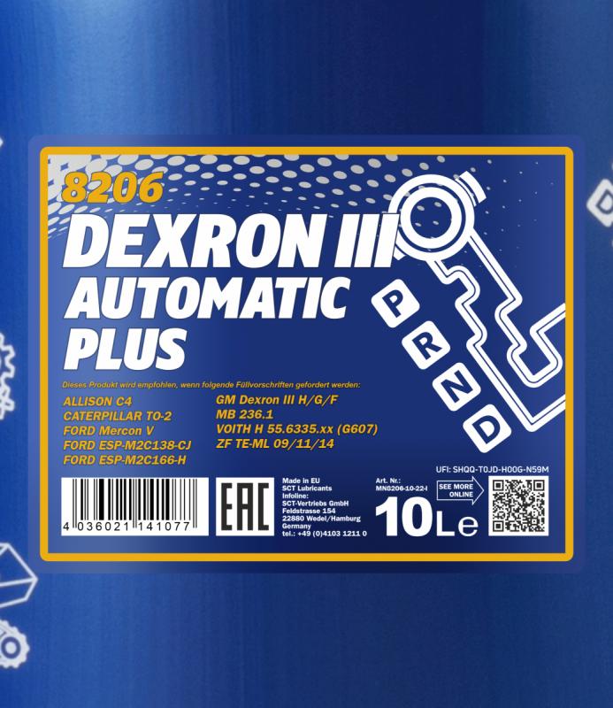 8206 MANNOL DEXRON III AUTOMATIC PLUS 10 л. Синтетическое трансмиссионное масло