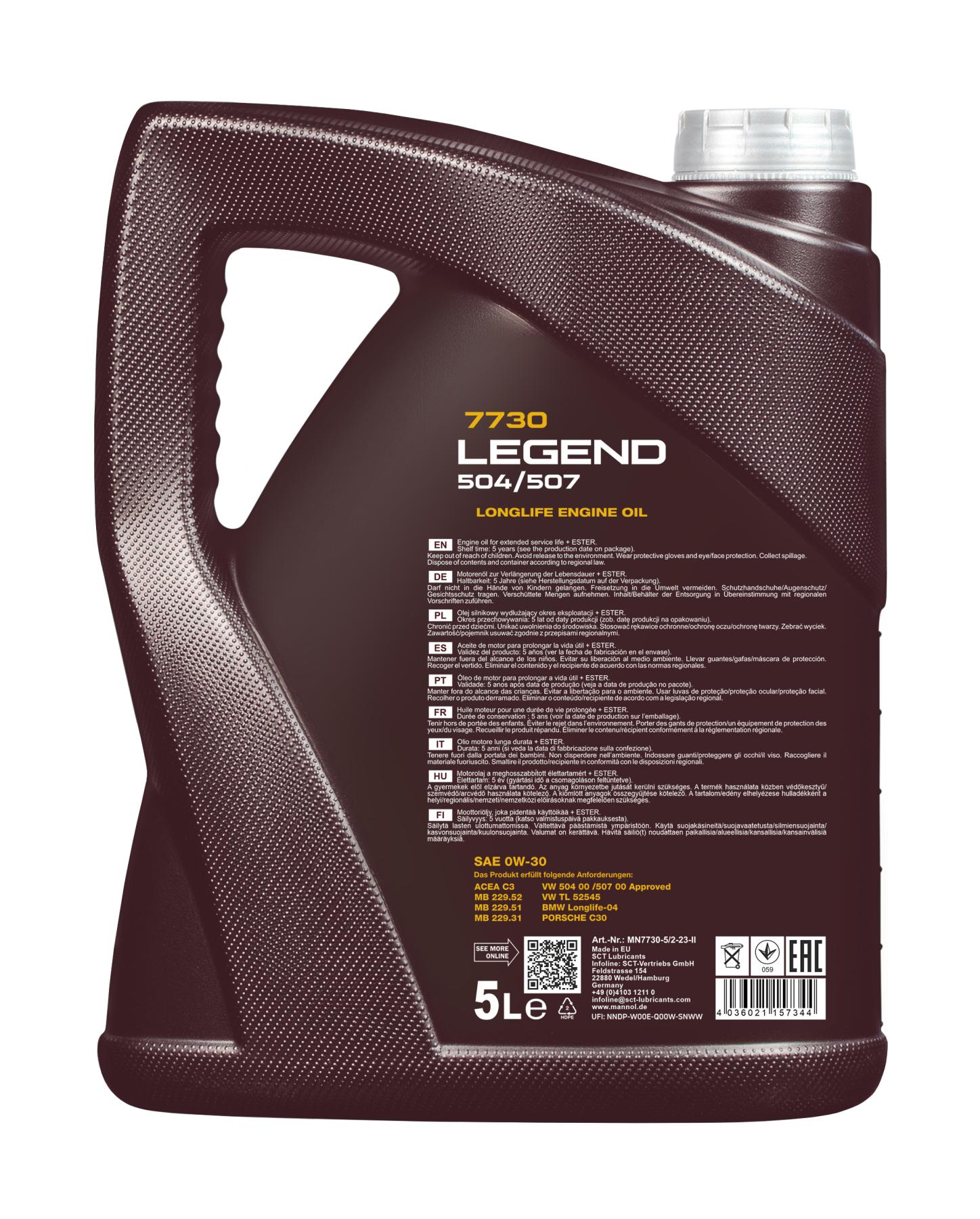 7730 MANNOL LEGEND 504/507 0W30 5 л. Синтетическое моторное масло 0W-30 7730 MANNOL LEGEND 504/507 0W30 5 л. Синтетическое моторное масло 0W-30
