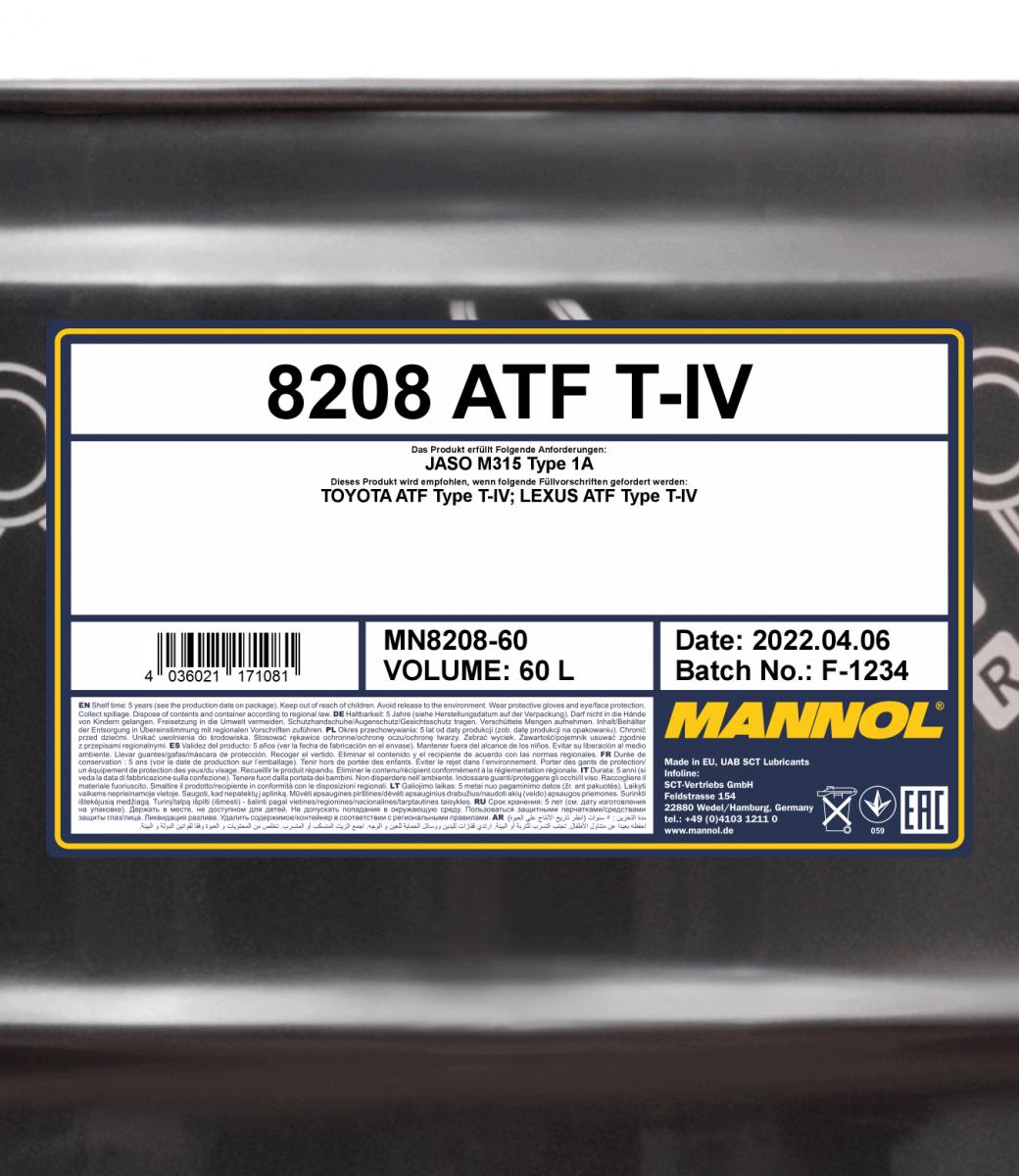 8208 MANNOL ATF T-IV 60 л. Синтетическая трансмиссионная жидкость  8208 MANNOL ATF T-IV 60 л. Синтетическая трансмиссионная жидкость