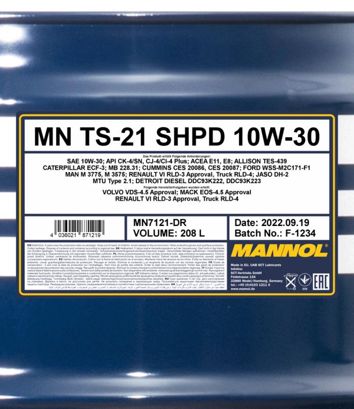 7121 MANNOL TS-21 SHPD 10W30 208 л. Синтетическое моторное масло 10W-30