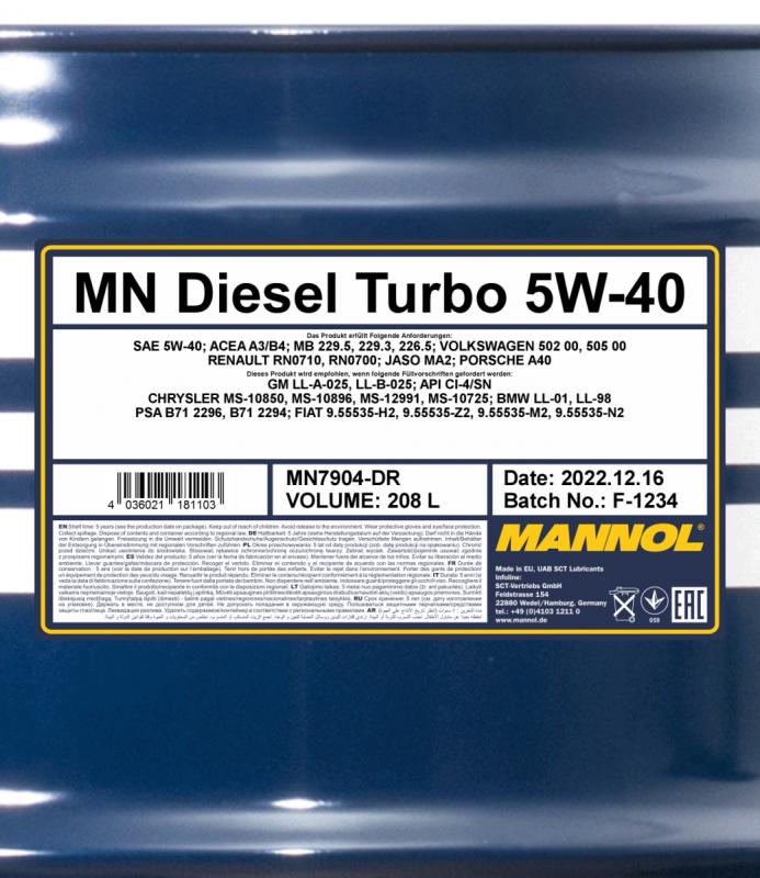 7904 MANNOL DIESEL TURBO 5W40 208 л. Синтетическое моторное масло 5W-40