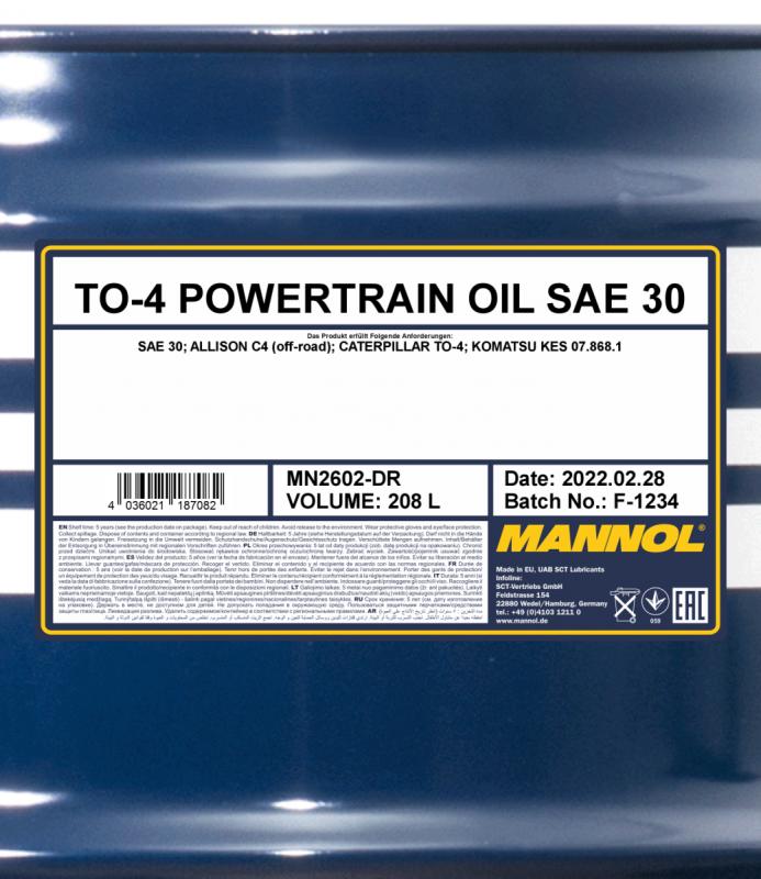 2602 MANNOL TO-4 POWERTRAIN OIL 30W 208 л. Трансмисионное гидравлическое масло 30W