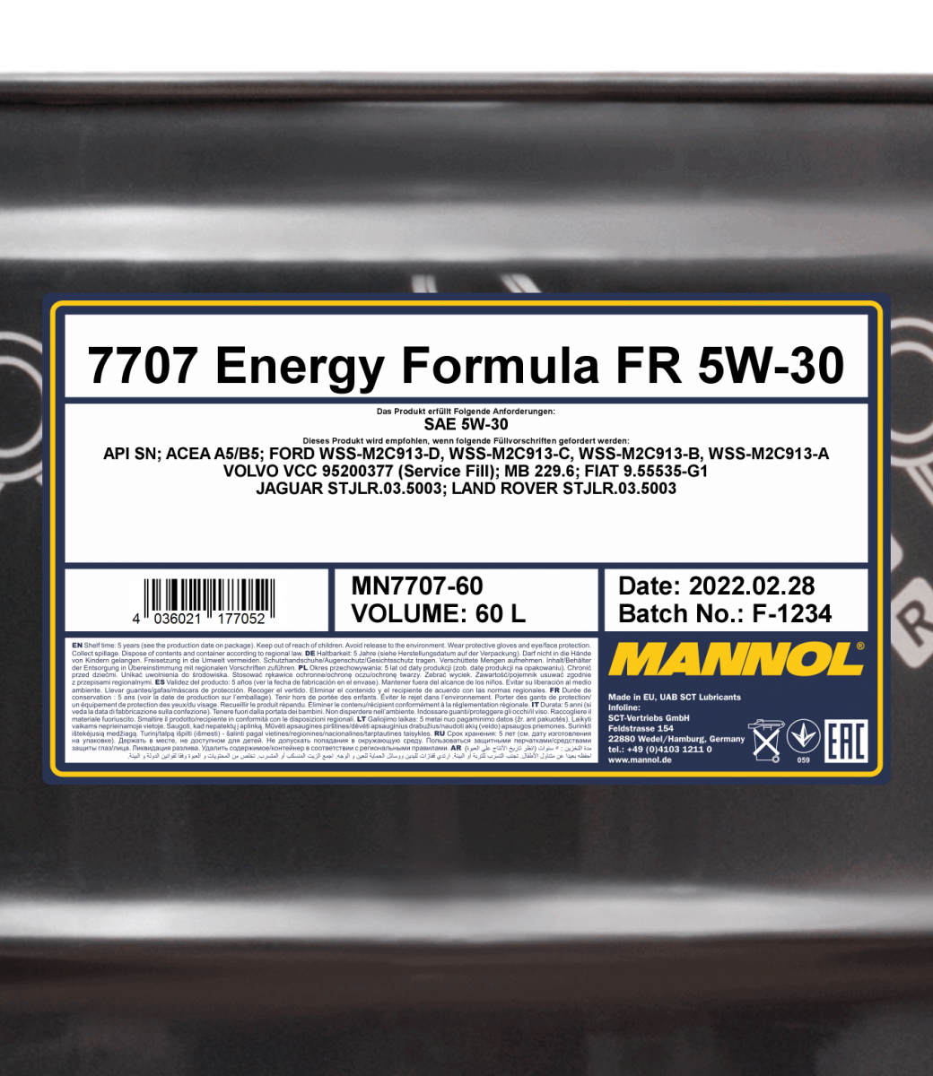 7707 MANNOL ENERGY FORMULA FR 5W30 60 л. Синтетическое моторное масло 5W30