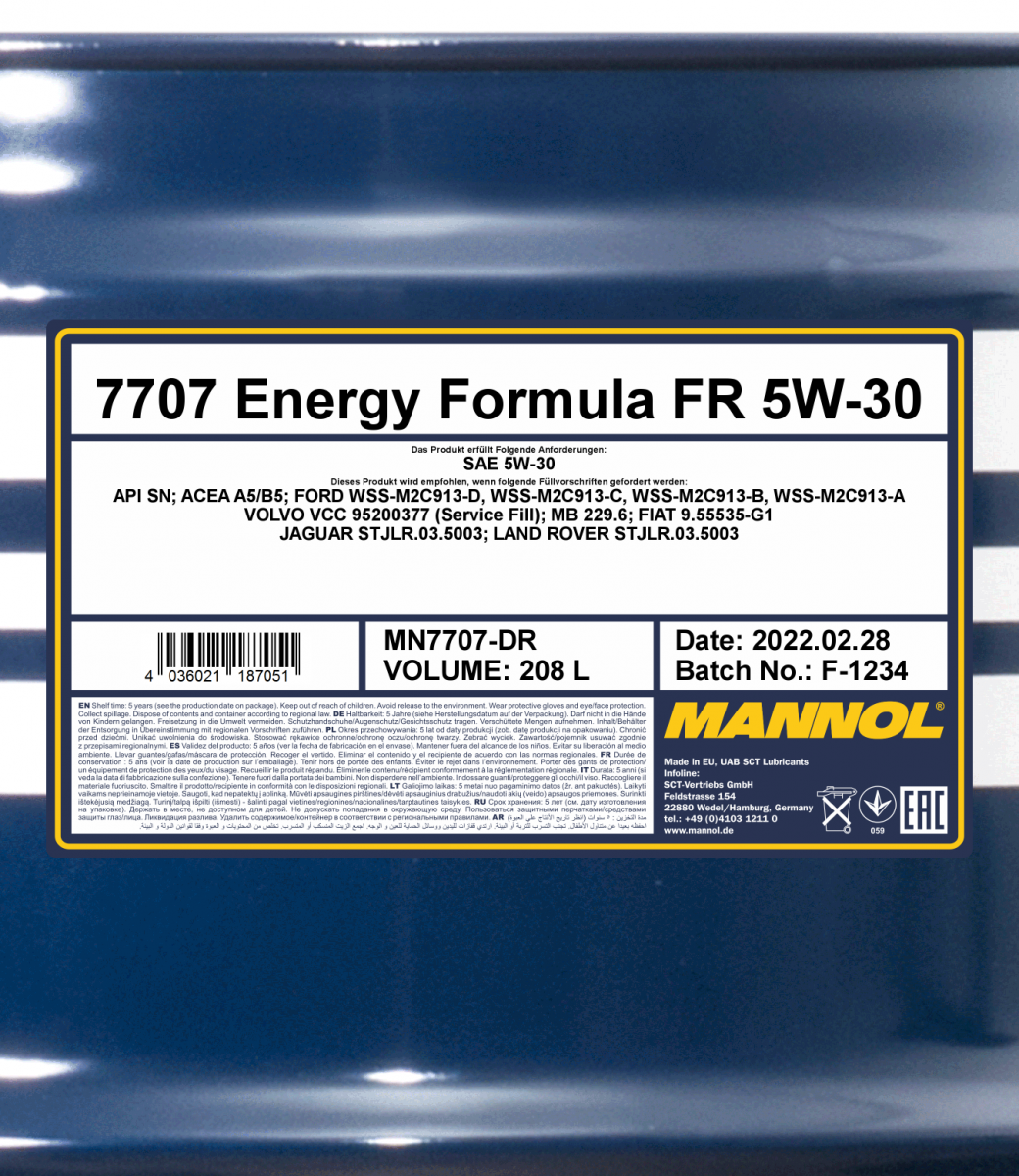 7707 MANNOL ENERGY FORMULA FR 5W30 208 л. Синтетическое моторное масло 5W-30