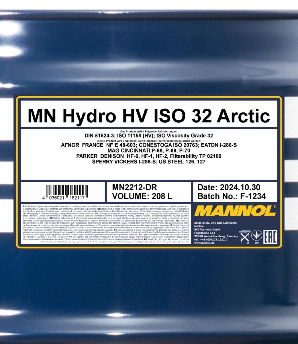 2212 MANNOL HYDRO HV ISO 32 ARCTIC 208 л. Минеральное гидравлическое масло