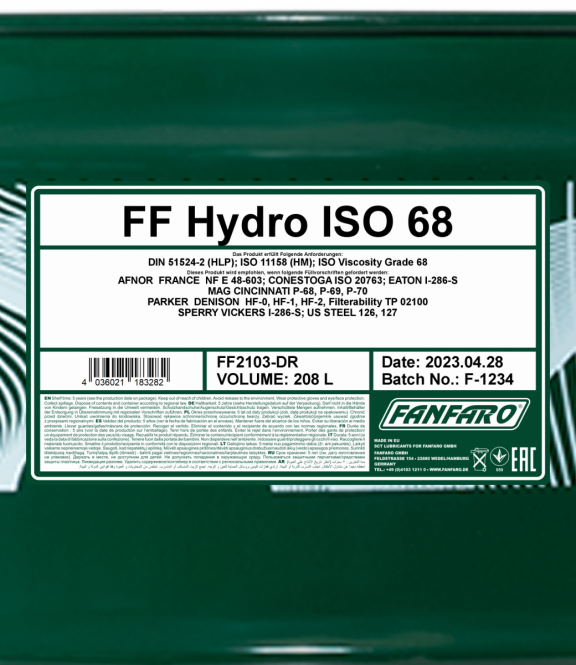2103 FANFARO HYDRO ISO 68 208 л. Минеральное гидравлическое масло