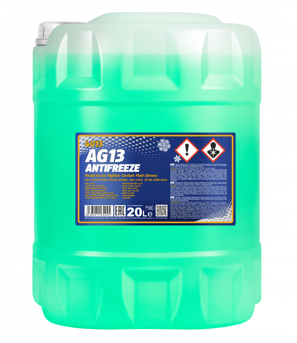 4013 MANNOL ANTIFREEZE HIGHTER AG13 20 л. Готовый раствор охлаждающей жидкости зеленый
