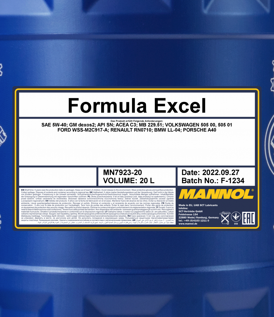 7923 MANNOL FORMULA EXCEL 5W40 20 л. Синтетическое моторное масло 5W-40