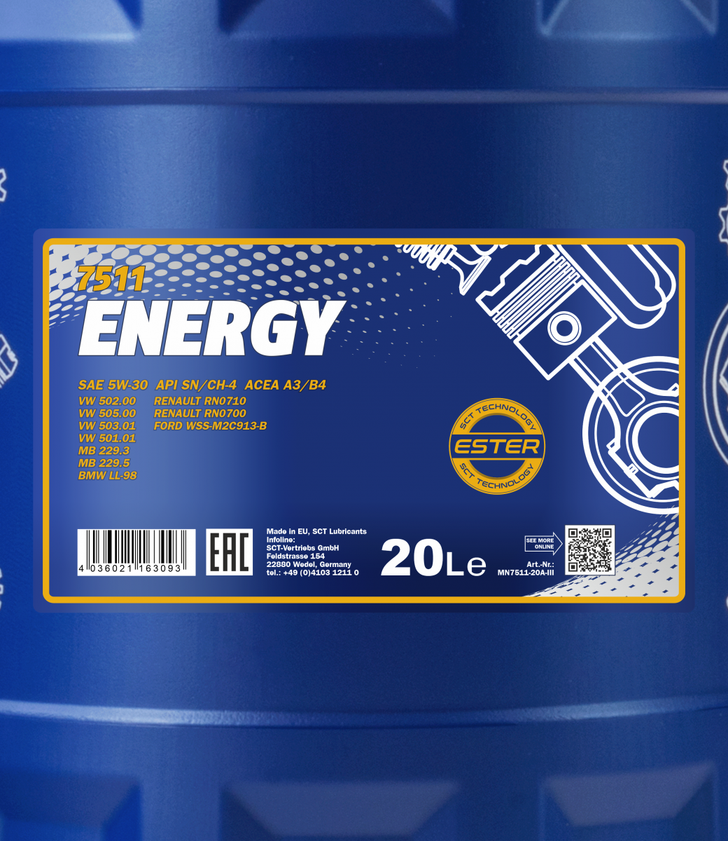 7511 MANNOL ENERGY 5W30 20 л. Синтетическое моторное масло 5W-30