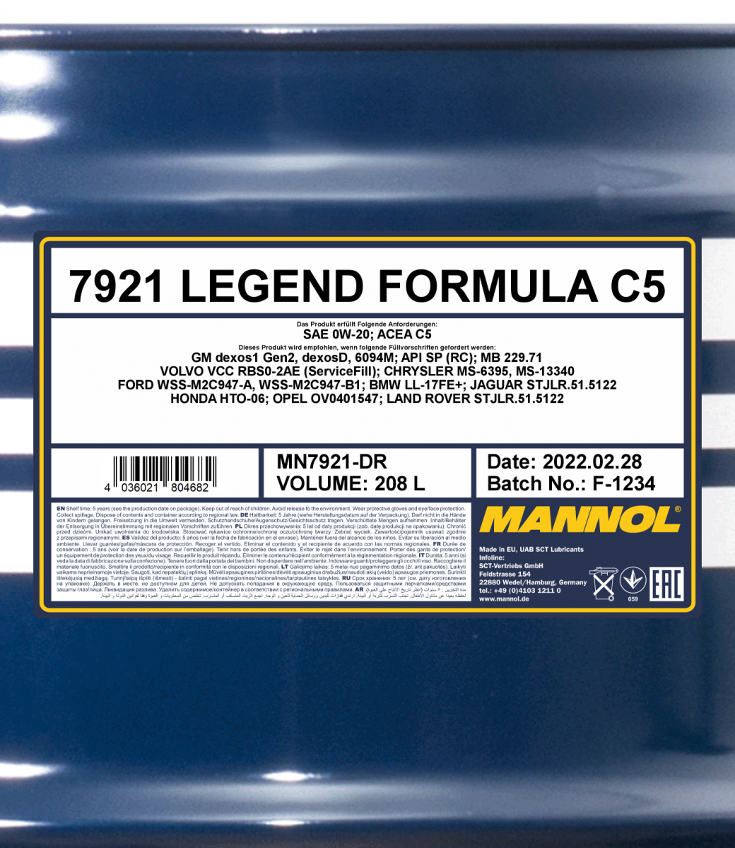 7921 MANNOL LEGEND FORMULA C5 0W20 208 л. Синтетическое моторное масло 0W-20