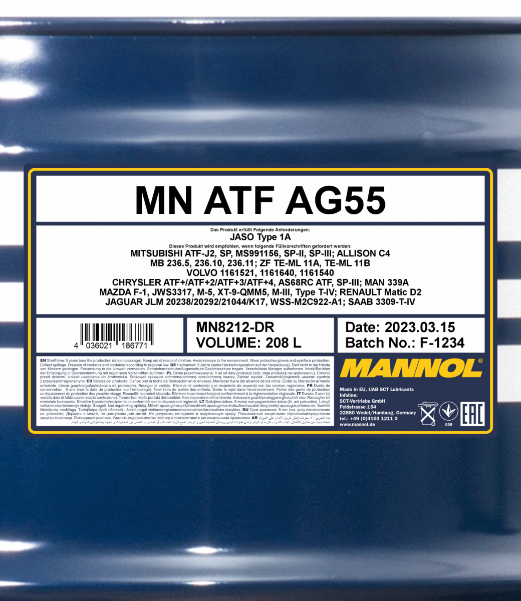 8212 MANNOL ATF AG55 208 л. Синтетическая трансмиссионная жидкость 