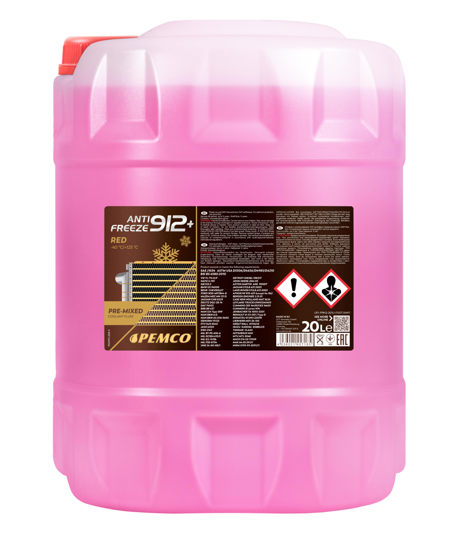 PEMCO ANTIFREEZE 912+ -40 °C 20 л. Готовый раствор охлаждающей жидкости антифриз красный
