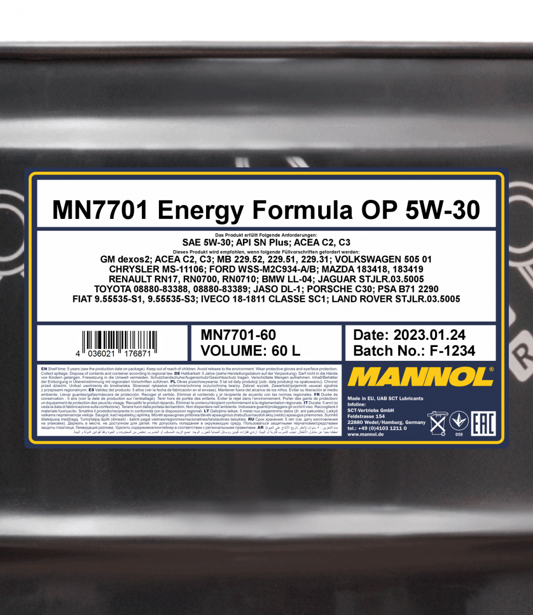 7701 MANNOL ENERGY FORMULA OP 5W30 60 л. Синтетическое моторное масло 5W-30