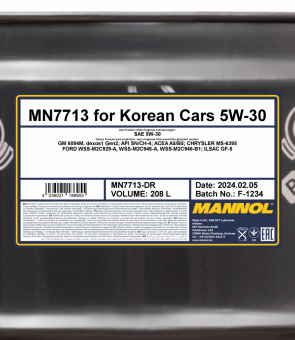 7713 MANNOL FOR KOREAN CARS A5/B5 5W30 208 л. Синтетическое моторное масло 5W-30