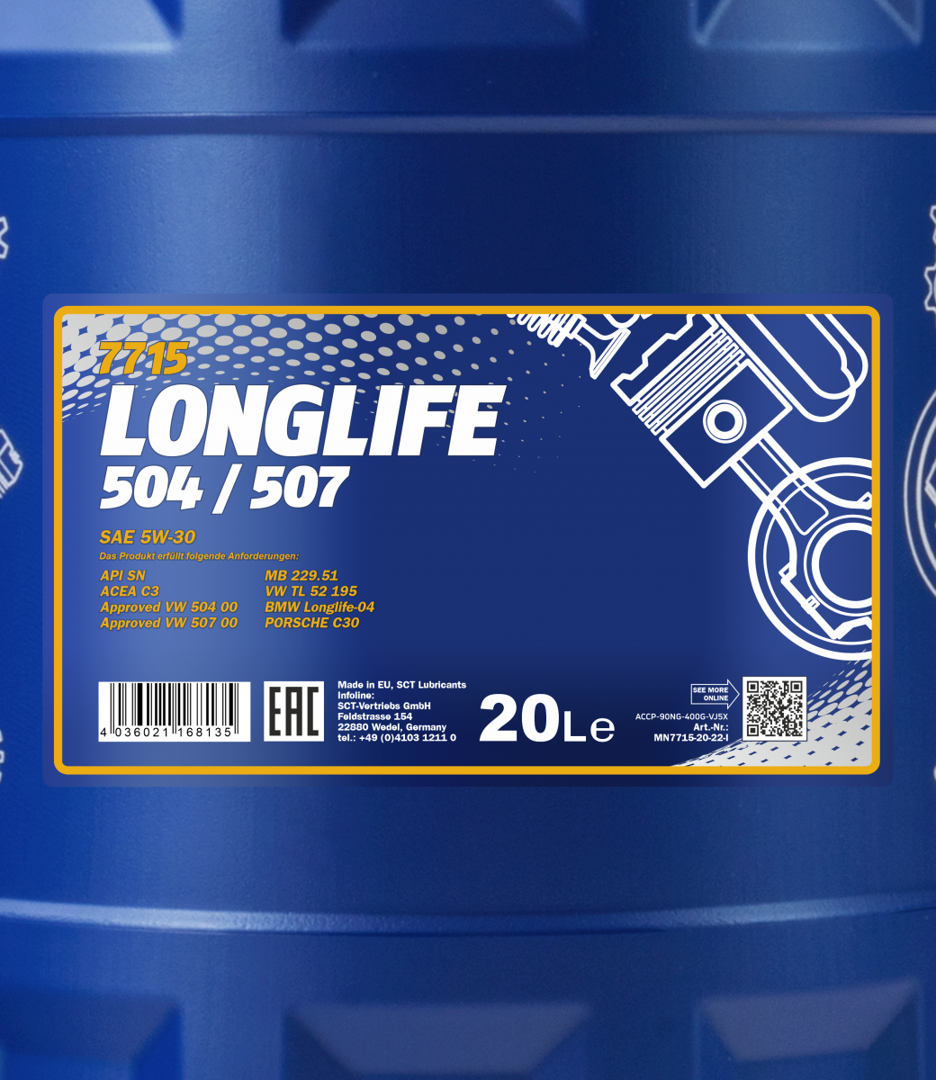 7715 MANNOL LONGLIFE 504/507 5W30 20 л. Синтетическое моторное масло 5W-30