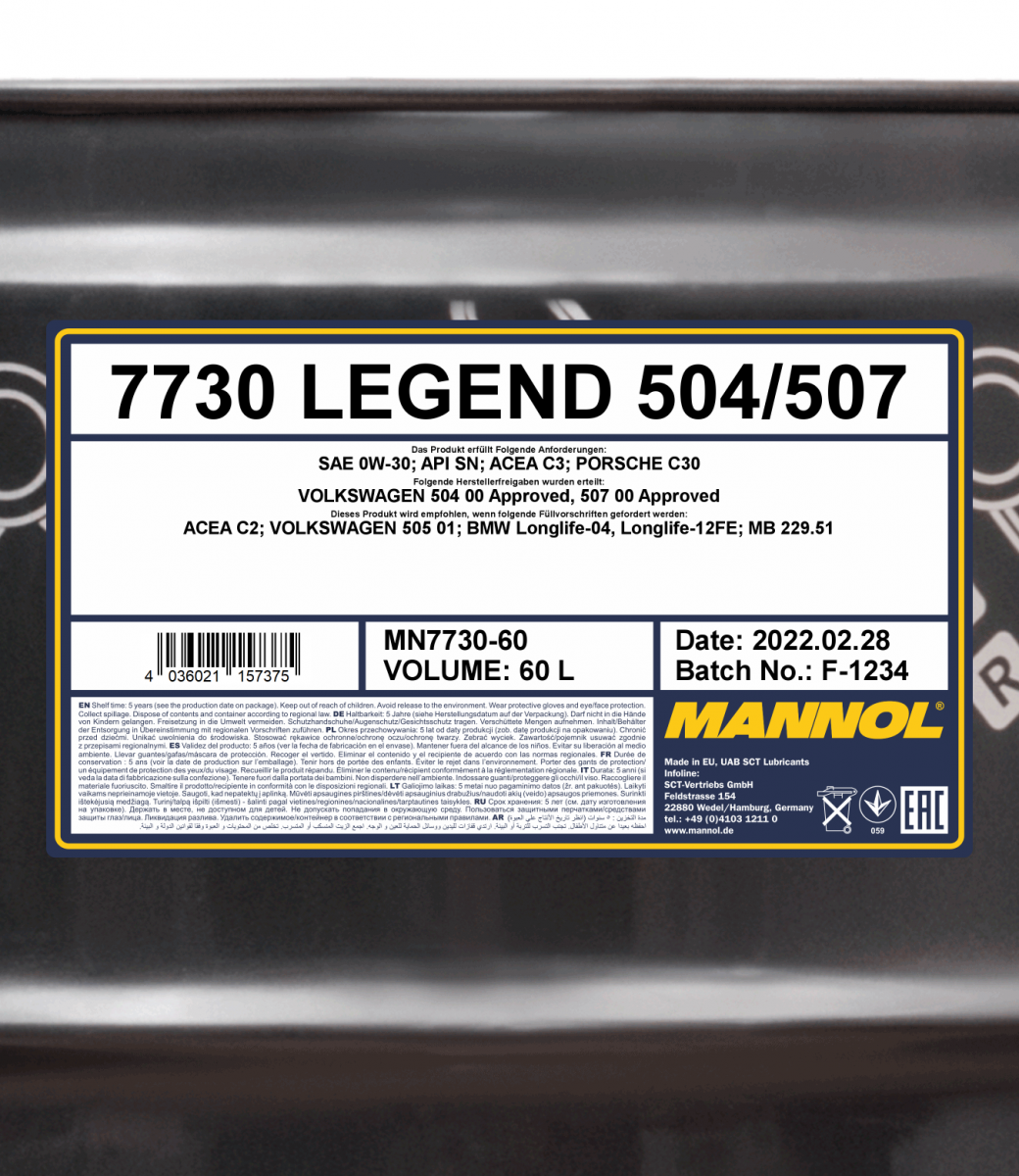 7730 MANNOL LEGEND 504/507 0W30 60 л. Синтетическое моторное масло 0W-30 