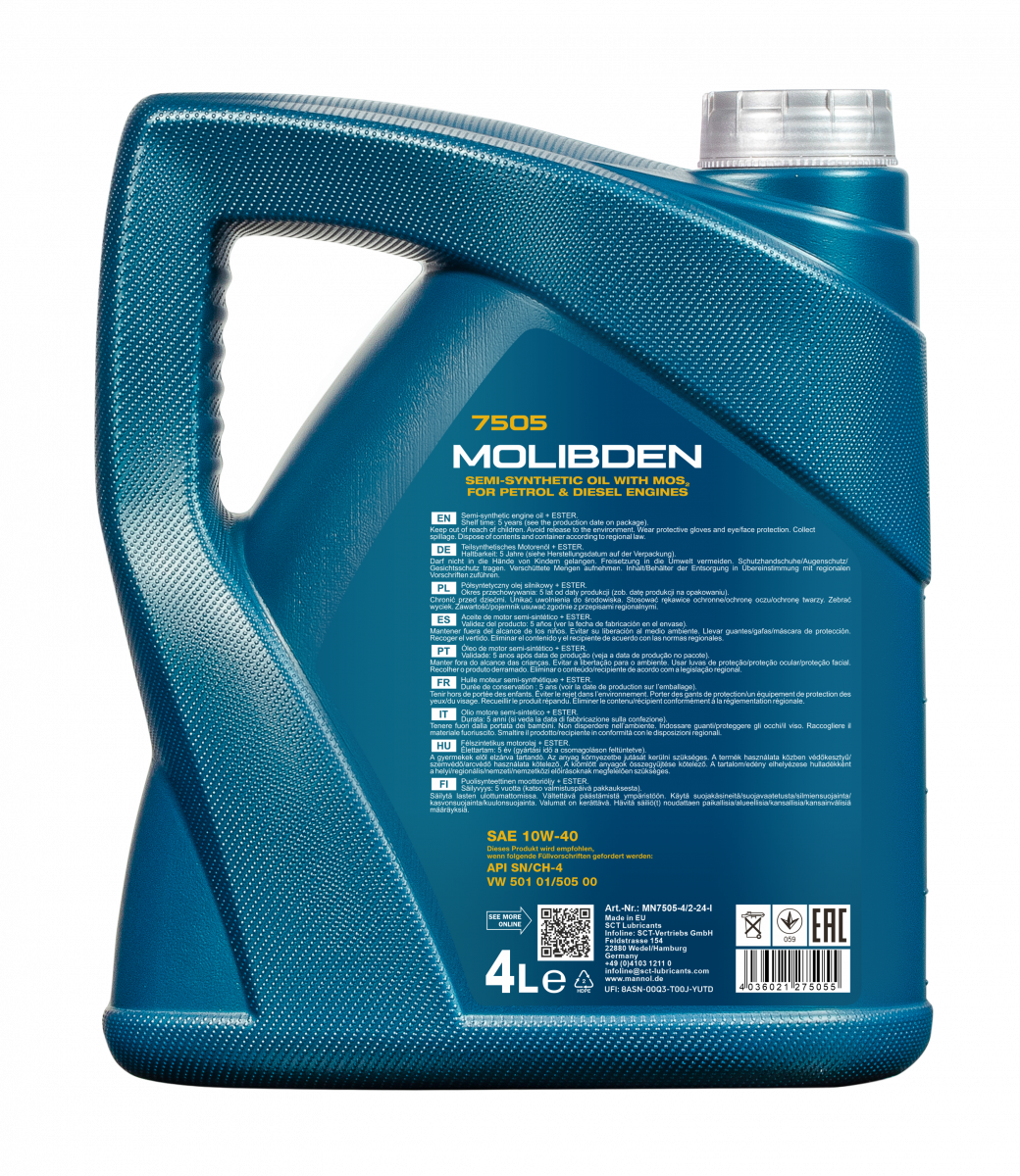 7505 MANNOL MOLIBDEN 10W40 4 л. Полусинтетическое моторное масло 10W-40