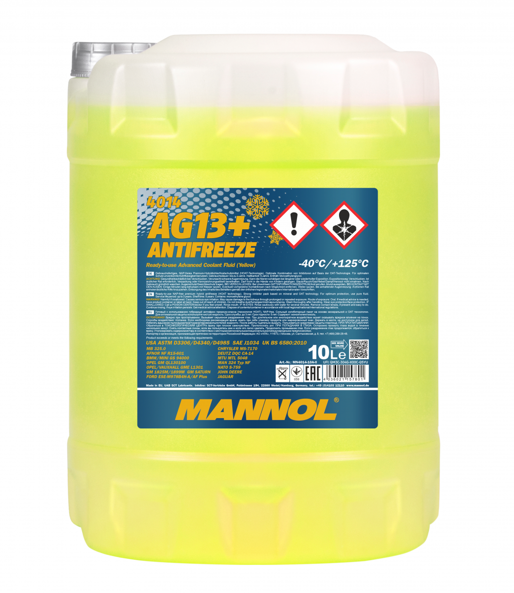 4014 MANNOL ANTIFREEZE ADVANCED AG13+ 10 л. Готовый раствор охлаждающей жидкости желтый