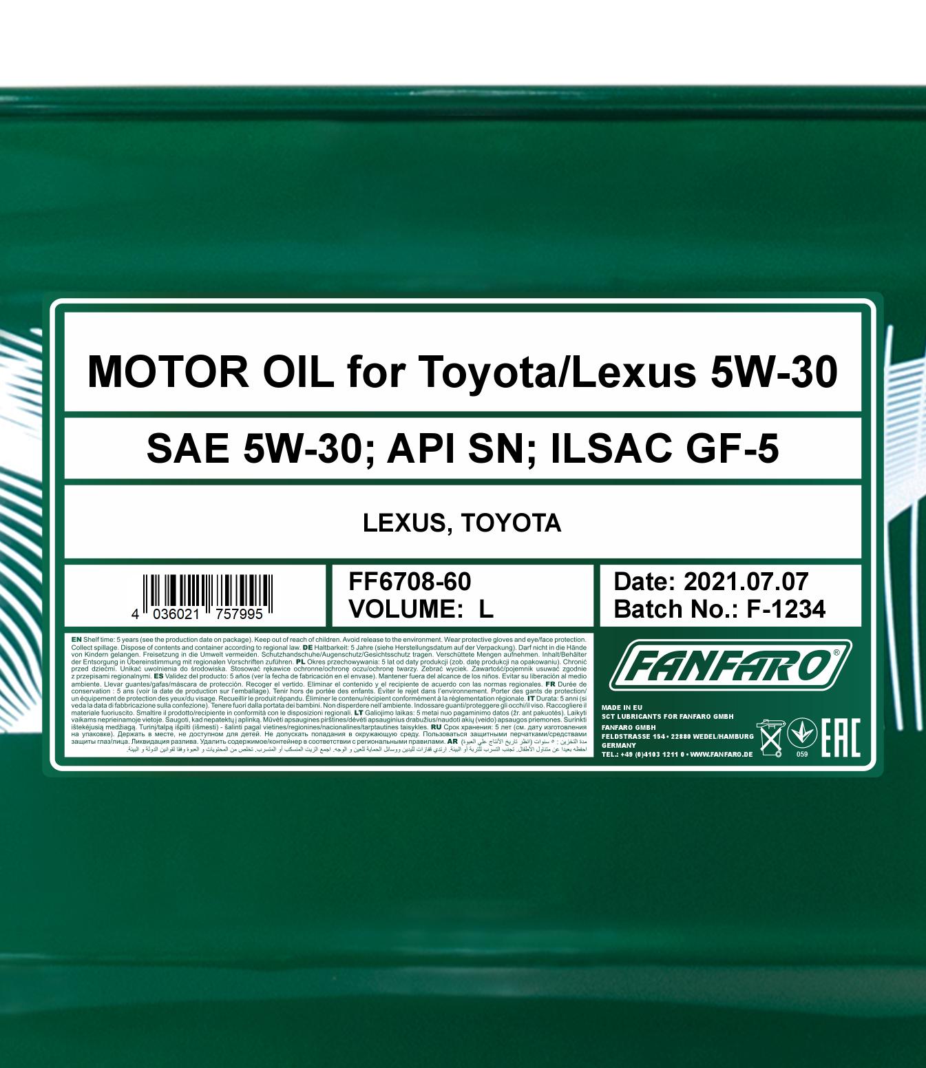 6708 FANFARO FOR TOYOTA LEXUS 5W30 60 л. Синтетическое моторное масло 5W-30