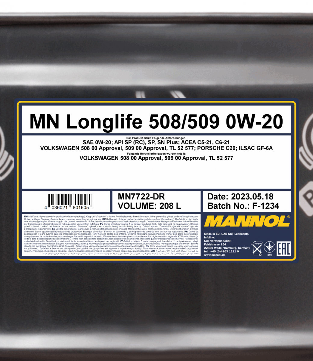 7722 MANNOL LONGLIFE 508/509 0W20 208 л. Синтетическое моторное масло 0W-20