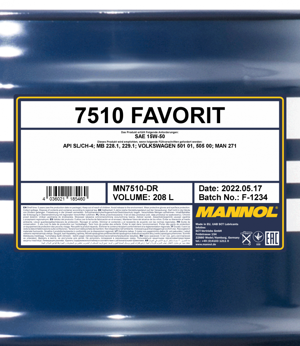 7510 MANNOL FAVORIT 15W50 208 л. Полусинтетическое моторное масло 15W-50