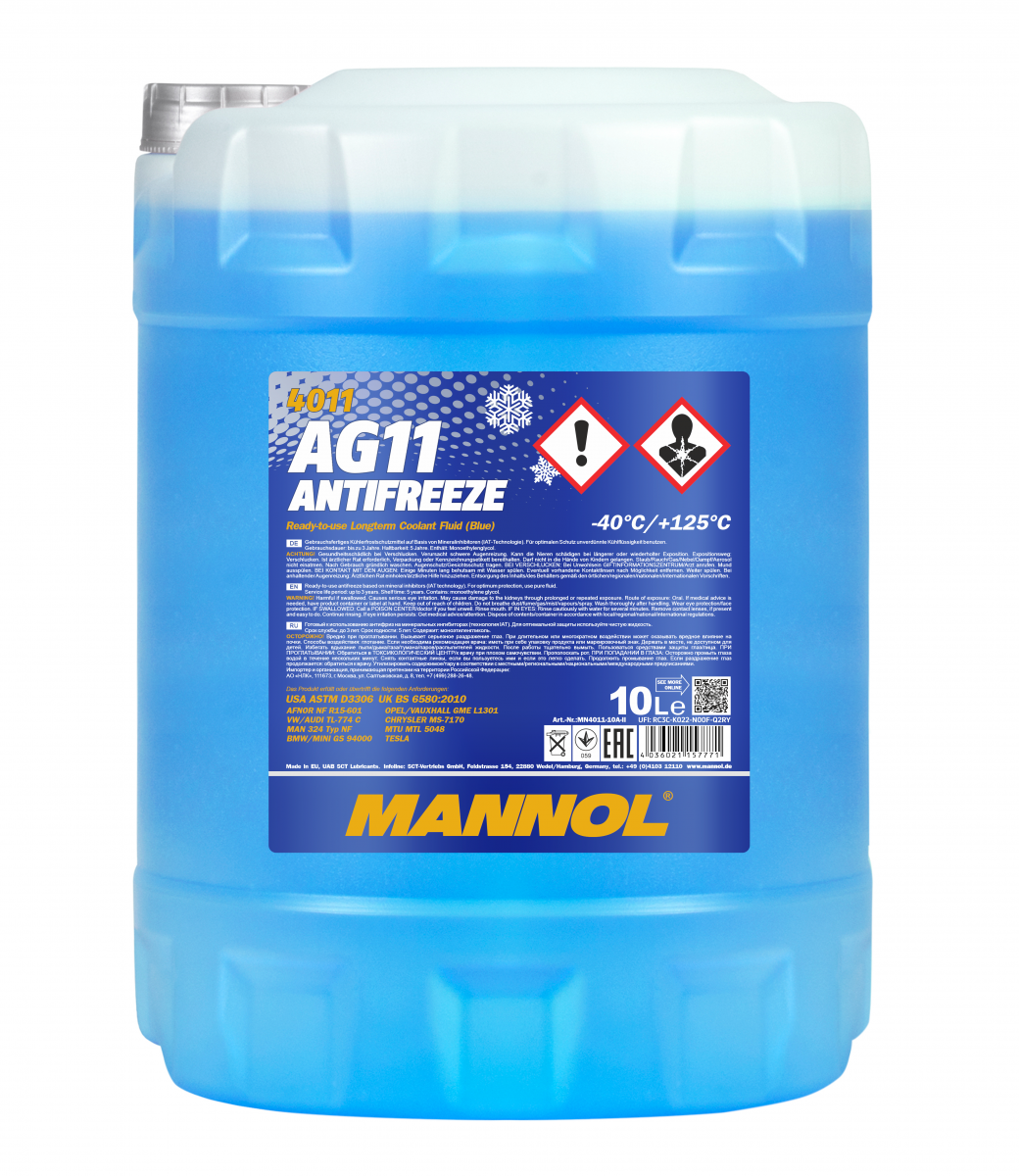 4011 MANNOL ANTIFREEZE LONGTERM AG11 10 л. Готовый раствор охлаждающей жидкости антифриз синий